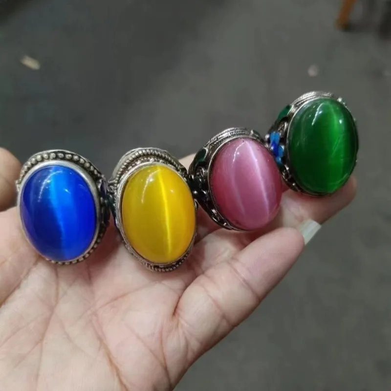 Large Cabochon Cat's Eye Gemstone Adjustable Open Ring, Bright Effect Unisex Statement Fashion Jewelry