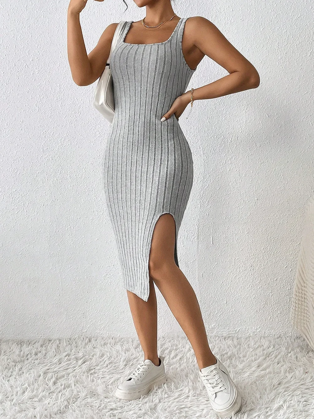 

Women Summer Style Knitted Suspender Dress Lady Sleeveless Square Collar Side Slit Skirt Dress Vestidos