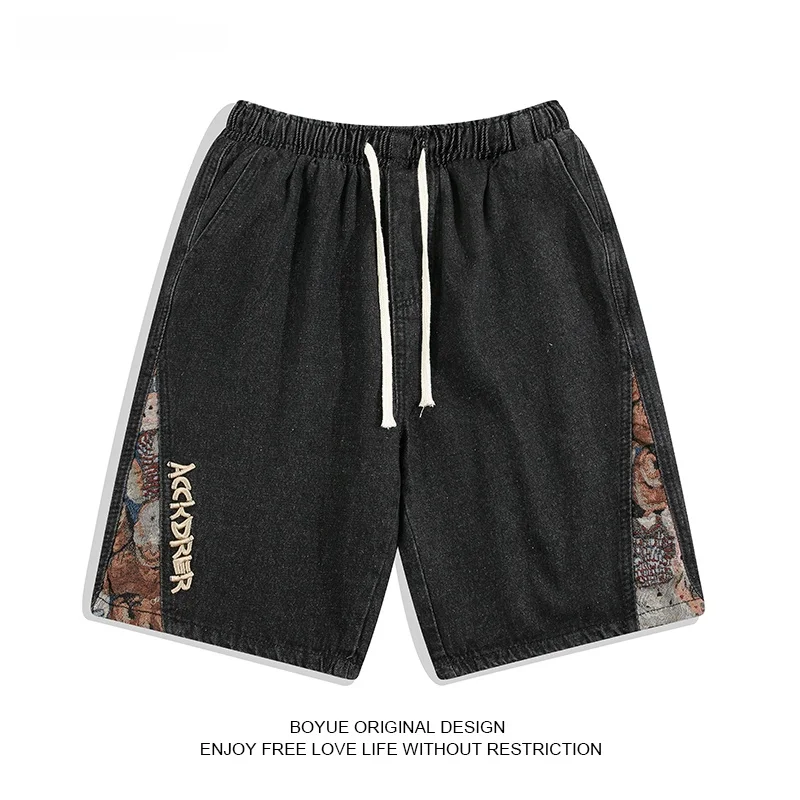 

Boyue Summer Casual Embroidered Bear Denim orts for Boys Trendy Youth Five-Part Patchwork Wear Resistant Straight Leg Jeans
