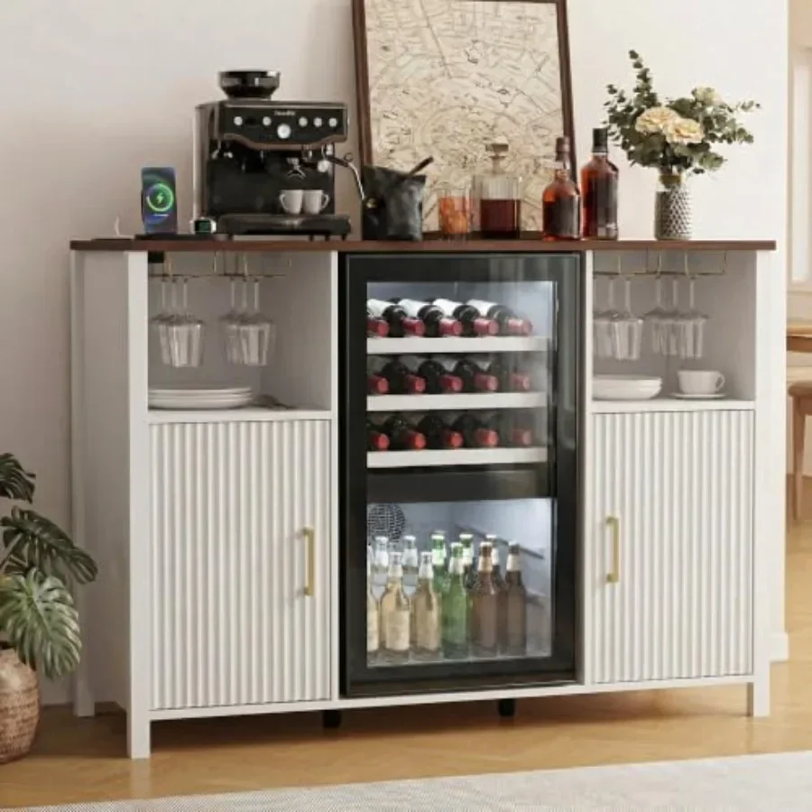 Kitchen dining room coffee bar cabinet, wood veneer, walnut brown, 53'' large with power outlet, adjustable shelf and glass hol