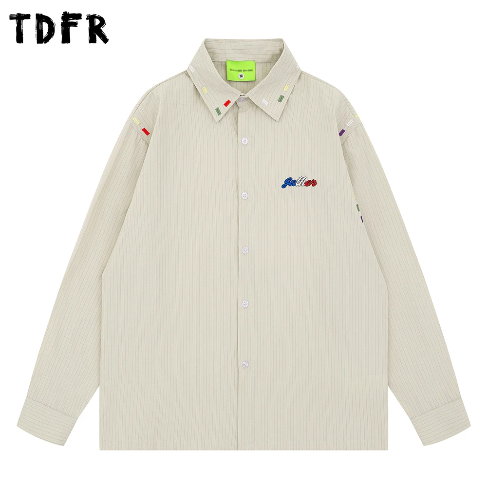 

Striped Long Sleeve Shirts Mens Letter Embroidery Autumn Retro Casual Lapel Single Breasted Shirts Man