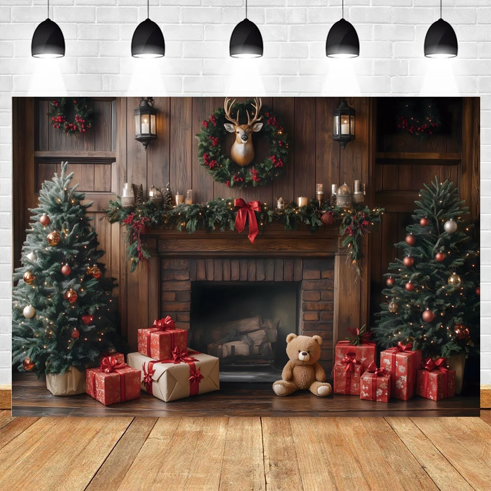 Christmas Backdrop Old Brick Fireplace Xmas Tree Gifts Toy Bear Kids Baby Photo Photography Background Decor Photo Studio Props