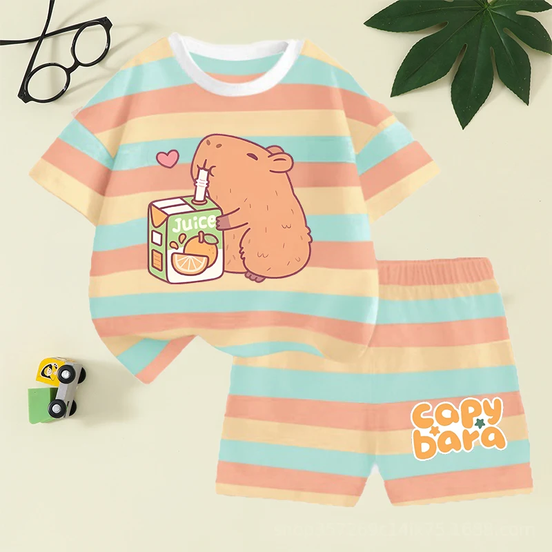 

Capybara Girl Boy Summer T-shirt Set Kid Cotton Clothes 2pcs Shorts Baby Tops +Shorts Set Tee Sport Tracksuit Summer Outfits