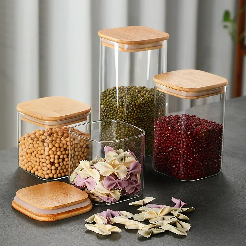 Square Mason Candy Jar for Spices Glass Bamboo Cover Container Glass Jars with Lids Cookie Jar Kitchen Jars and Lids Wholesale