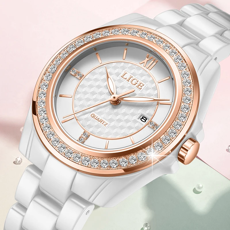 LIGE Elegant Classic Woman Watch Luxury Fashion Ceramic Strap Date Waterproof Luminous Ladies Quartz Wristwatch Gifts for Women