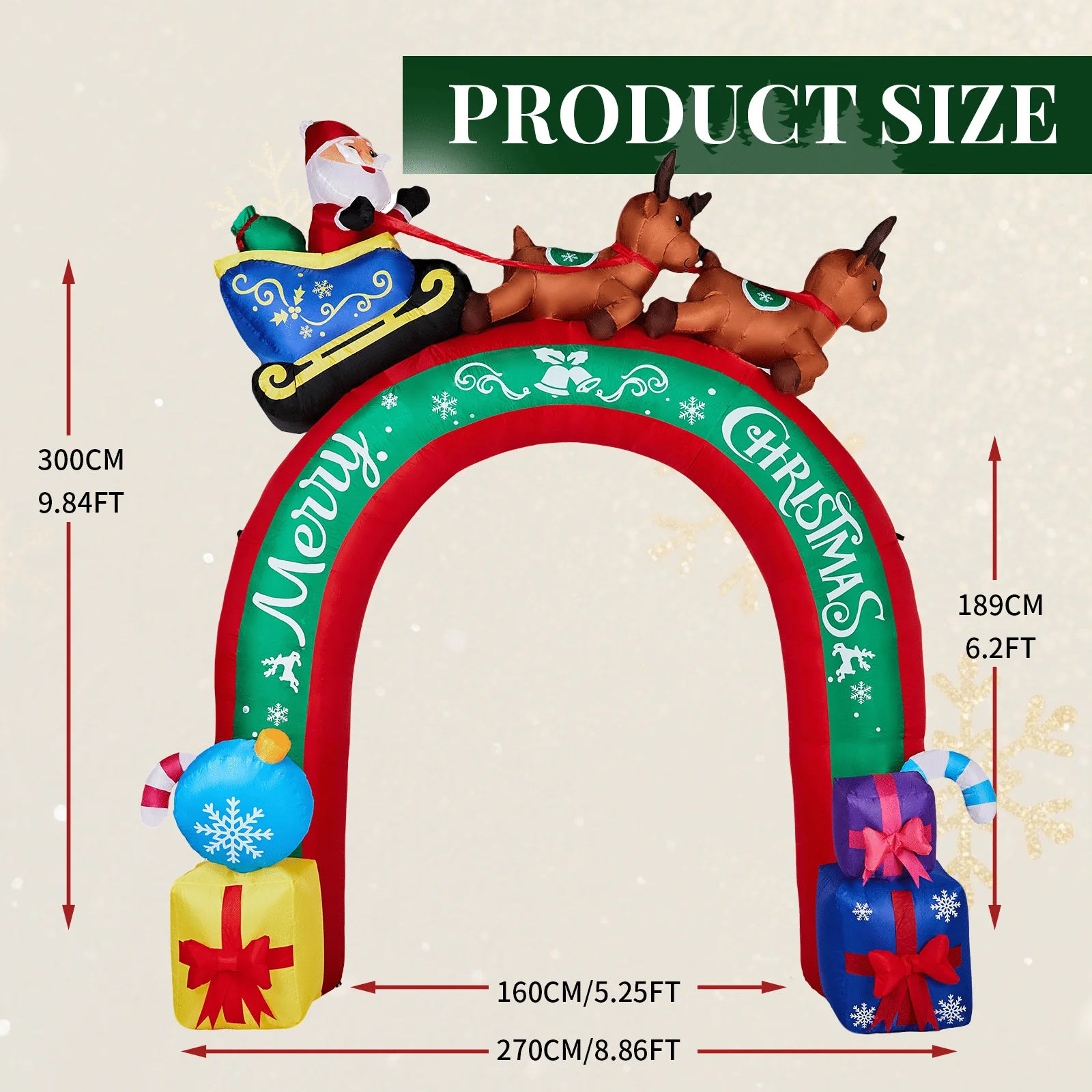 10FT Lighted Christmas Inflatable Archway, Arch with Reindeer Pulling Santa's Sleigh, Blow Up Yard Decorations Built-in LED for