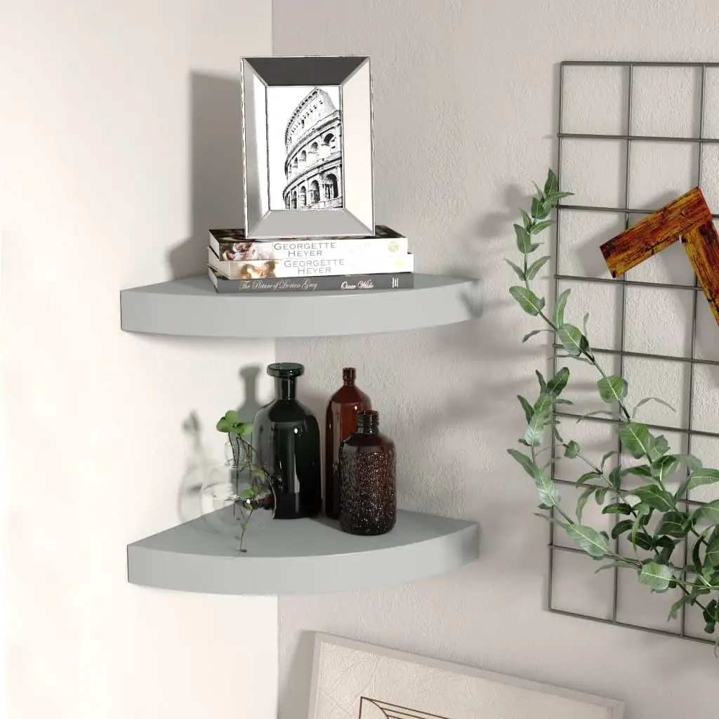 Set of 2 Grey Floating Corner Shelves 25x25x3.8 cm MDF Wall Storage