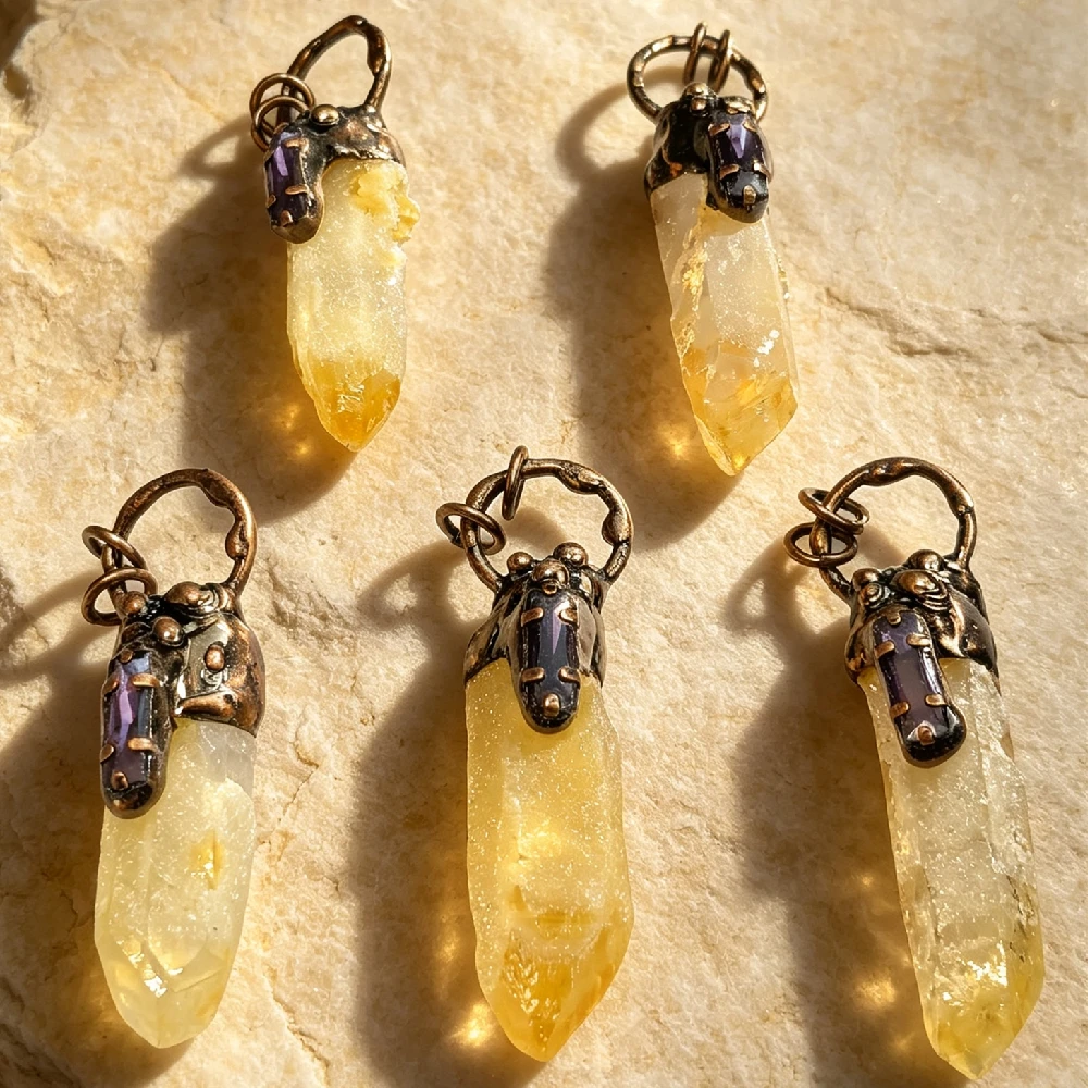 1PC Raw Pointed Natural Mineral Pendant Vintage Metal Wrapped Ornament Necklace Charm Golden Plated P2D1072