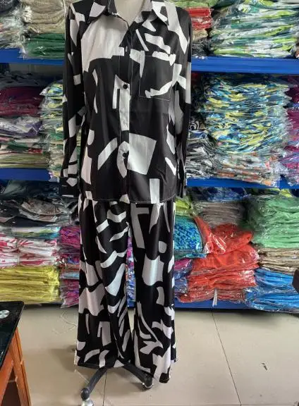 

Two Piece Set Women Outfit 2026 New Spring Fashion Print Turn-Down Collar Long Sleeve Shirt & High Waist Wide Leg Pants Set