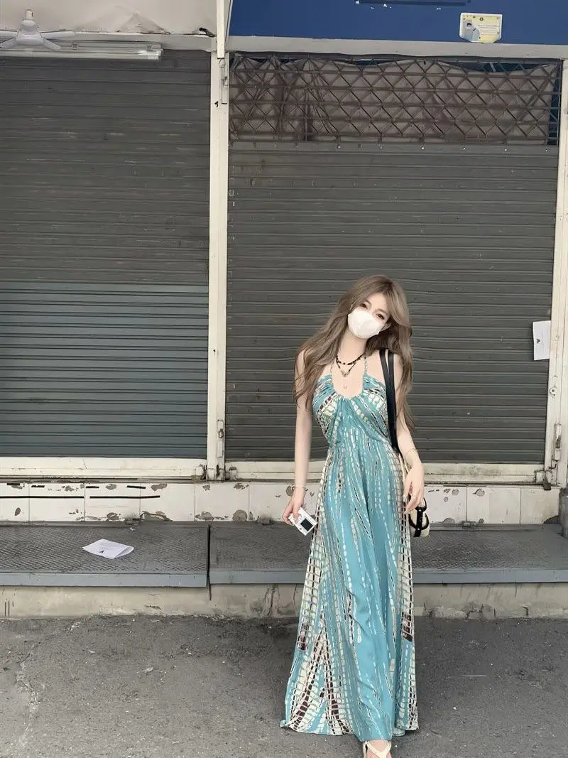 Vintage Bohemian Halter Neck Maxi Dress  Backless U-Neckline Flowing Spring Summer Beach Sundress for Women