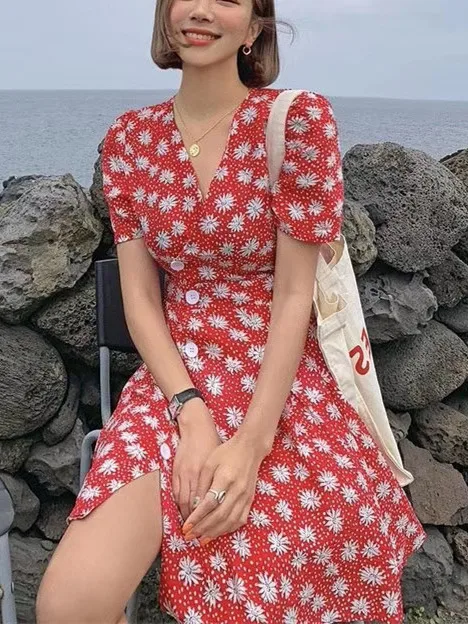 동대문 V넥 플로럴 프린트 버블 소매 드레스 출퇴근룩 반팔 여성 원피스 중국풍 여름 2025