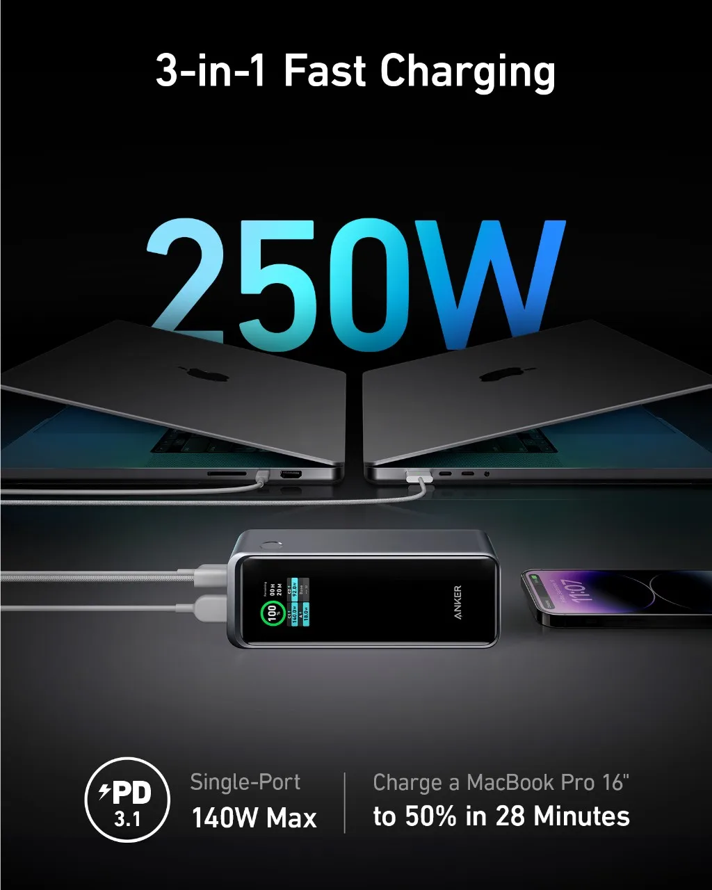 Anker Prime Power Bank 27650mAh 3-Port 250W Portable Charger 99.54