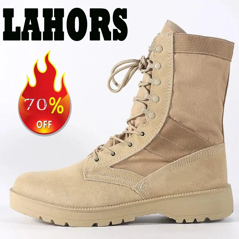 LAHORS Original Men Tactical Desert Boots Outdoor Combat Lightweight Non-Slip Hiking Shoes High-Top Work Shoes