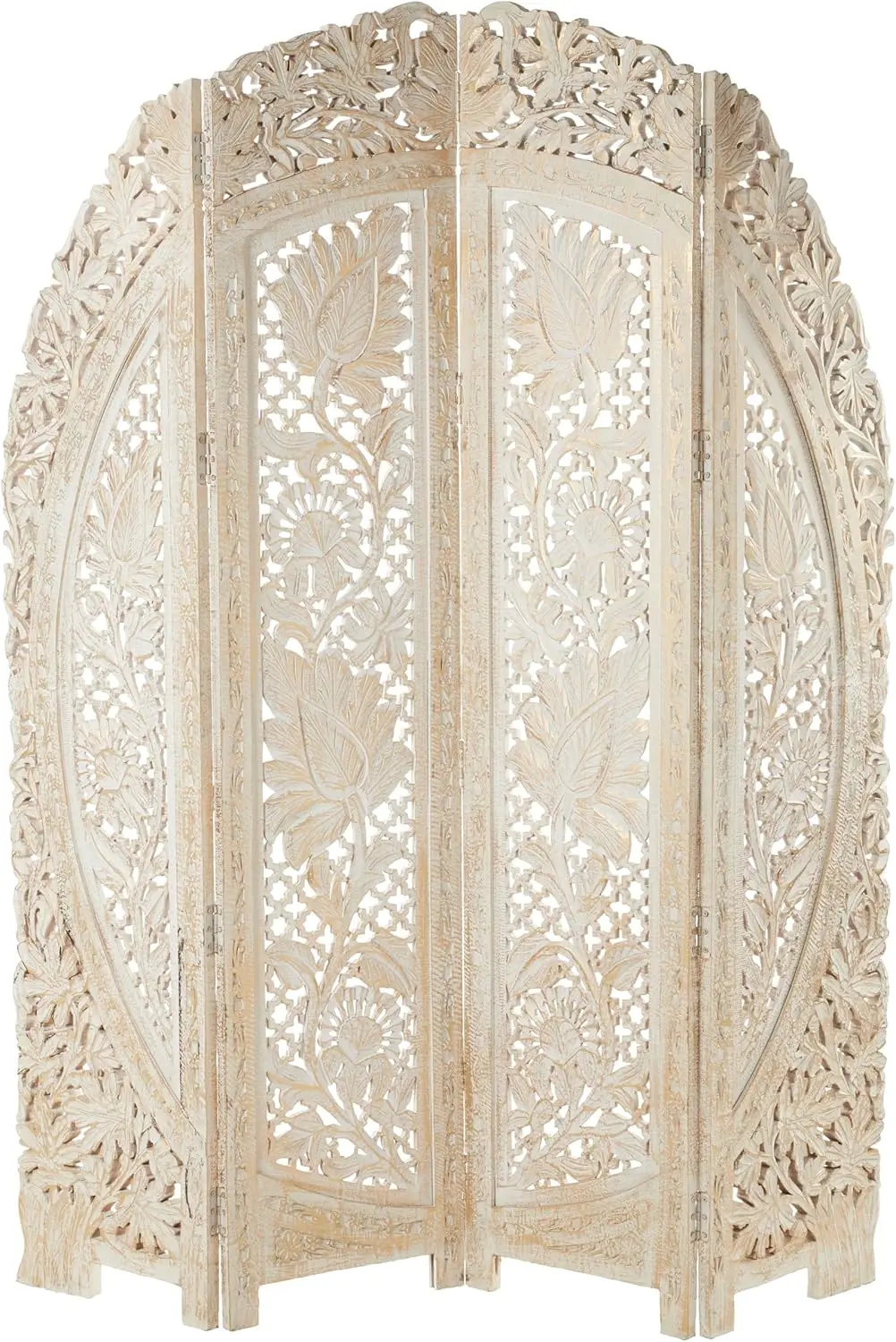 Wood Floral Handmade Partition Room Divider Screen Foldable Arched Partition 4 Panel Privacy Screen with Intricately