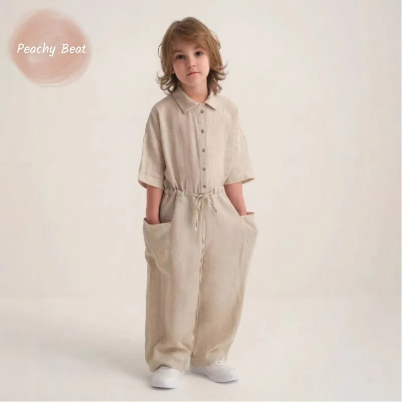 

Fashion Baby Girl Boy Linen Turn-down Collar Jumpsuit Infant Toddler Child Loose Casual Clothes Suit Summer Baby Clothes 1-10Y