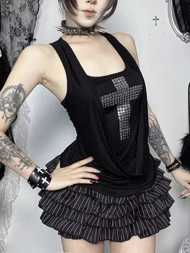 Gothic Y2K Women Tank Tops Black Studded Cross Fake Two‑Piece Draped Sleeveless Vest Streetwear Casual Going‑Out Camisole Tops