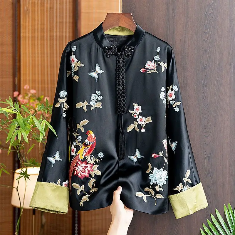 

China-Chic Style Acetic Acid Short Coat Women's 2023 Spring New Heavy Industry Embroidery Design Loose Versatile Top