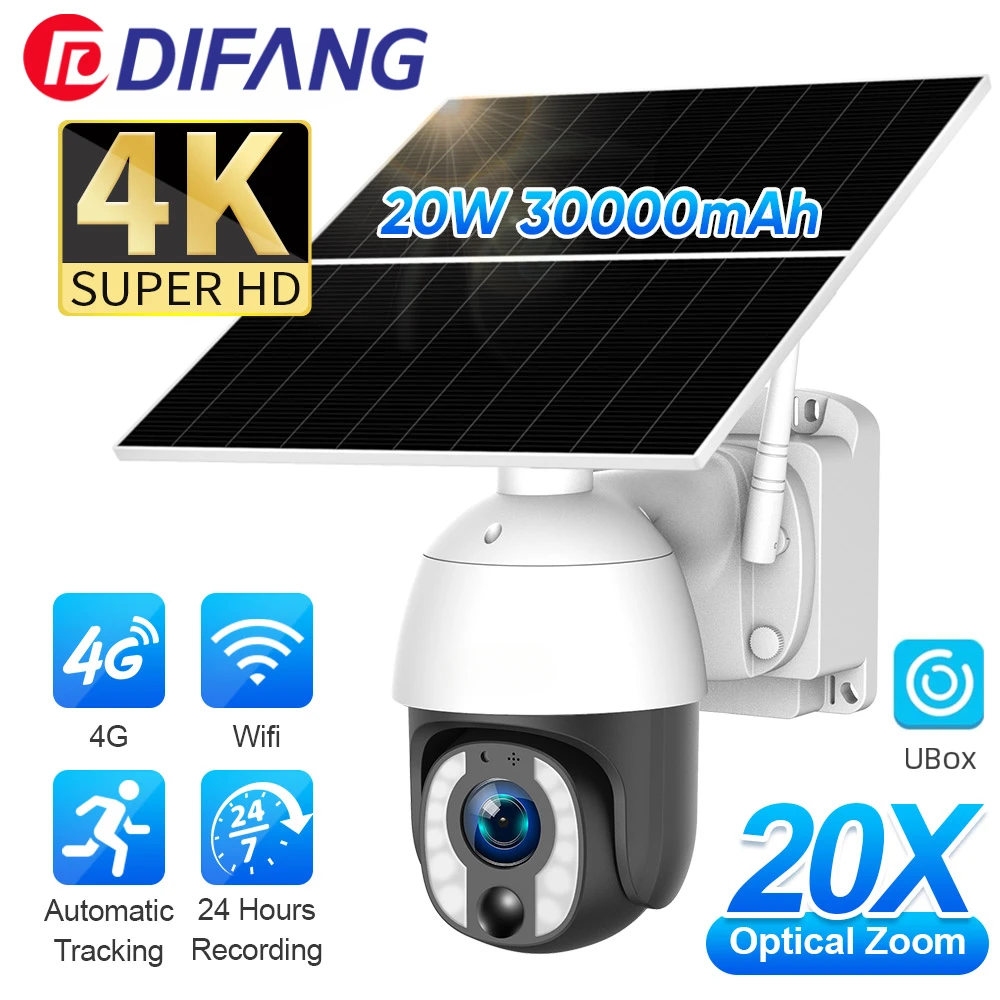 

8MP 4K 20X Optical Zoom Solar Camera 4G 24 Hours Recording Auto Tracking 30000mAh Battery Cameras WiFi 20W Solar Panel IP CCTV