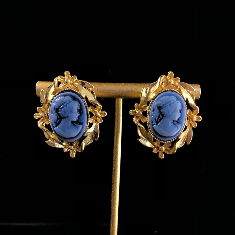 Retro jewelry versatile exquisite avatar ear stud flower electroplated real gold earrings stylish jewelry