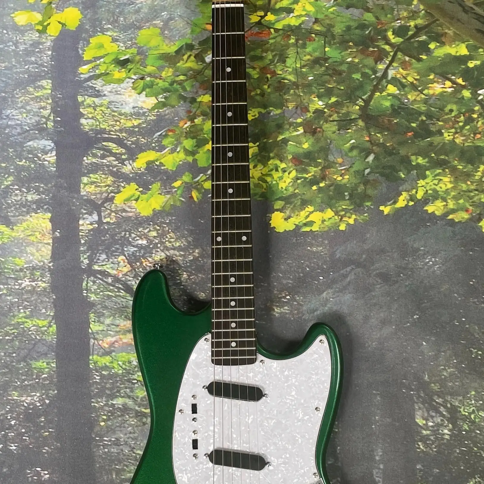 Metallic Green Electric Guitar, Yellow Racing Stripes, Dual Single Coils, Short Scale, Vintage Tremolo, Indie Garage Rock
