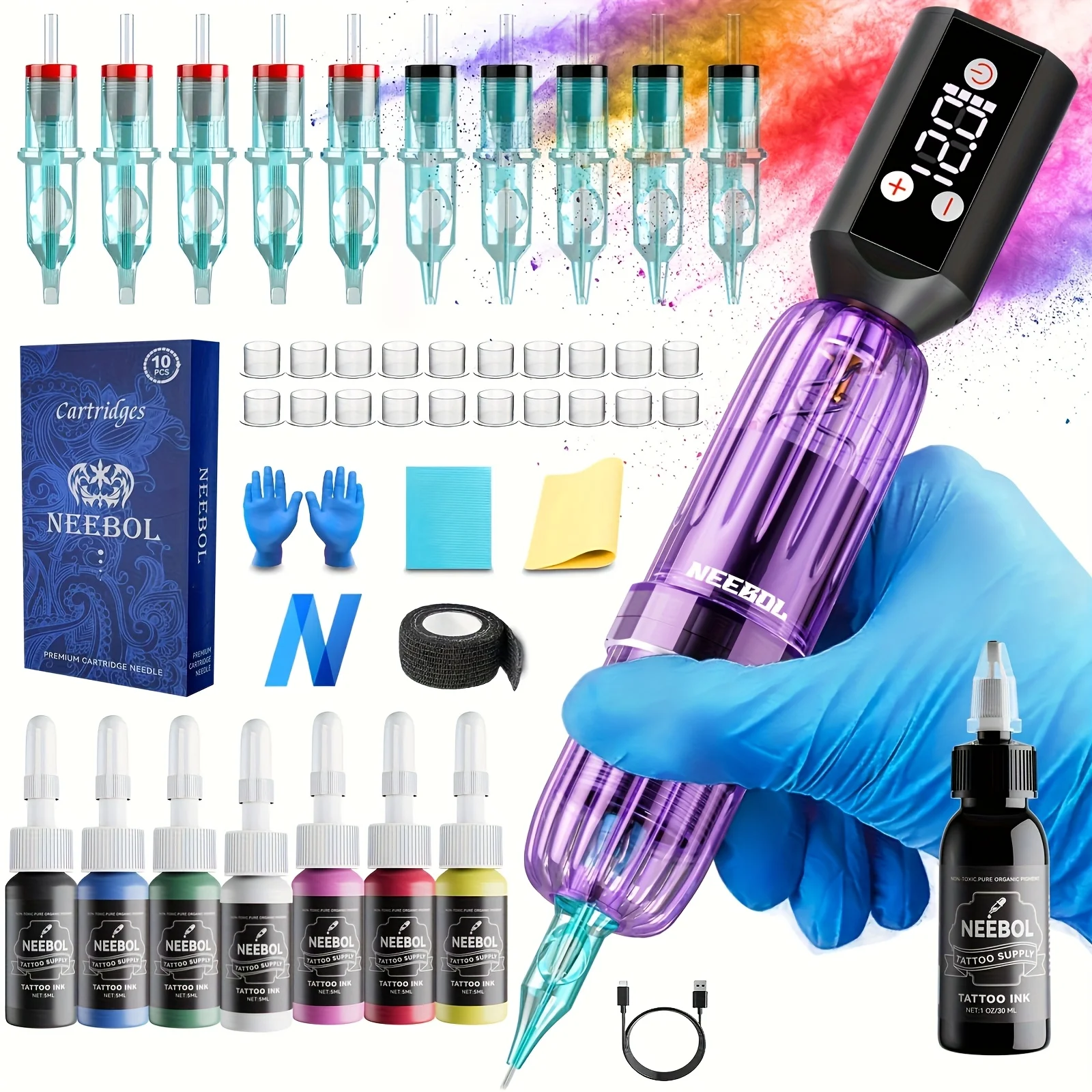 

NeebolProfessional Wireless Rotary Tattoo Machine Kit с 10 шт. картриджными иглами, полный набор для татуировщиков и начинающих
