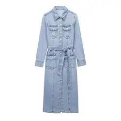 Spring Autumn Women Denim Dress Long Sleeved Turn-Down Collar Long Dress With Belt Fashion Solid Pockets Single Breasted Dresses