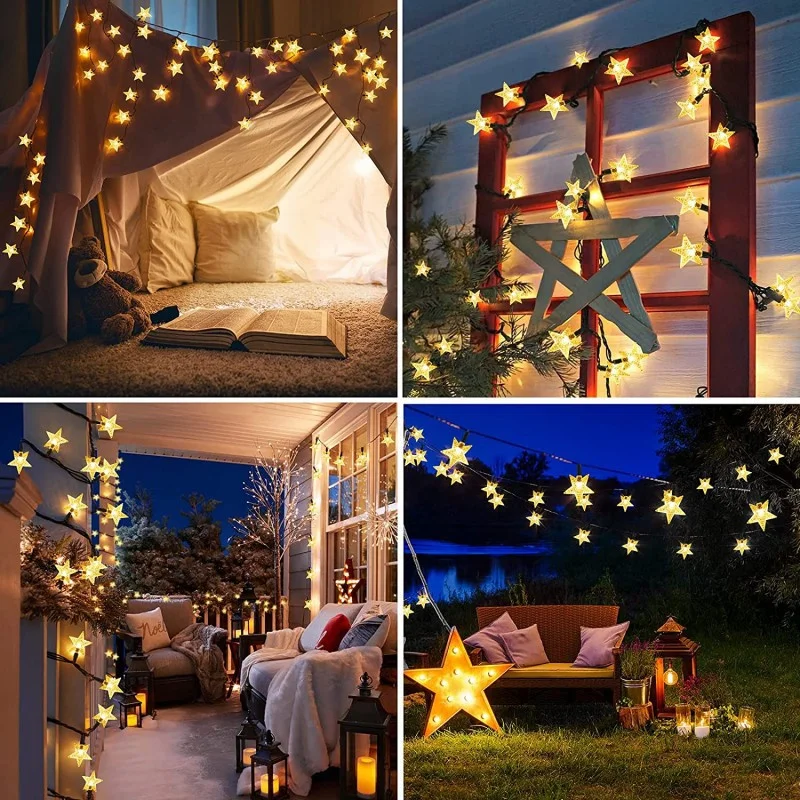 12m/7m/5m Outdoor Solar Star String Lights Weatherproof Solar Lights Fairy Lights Star for Christmas Garden Wedding Decoration