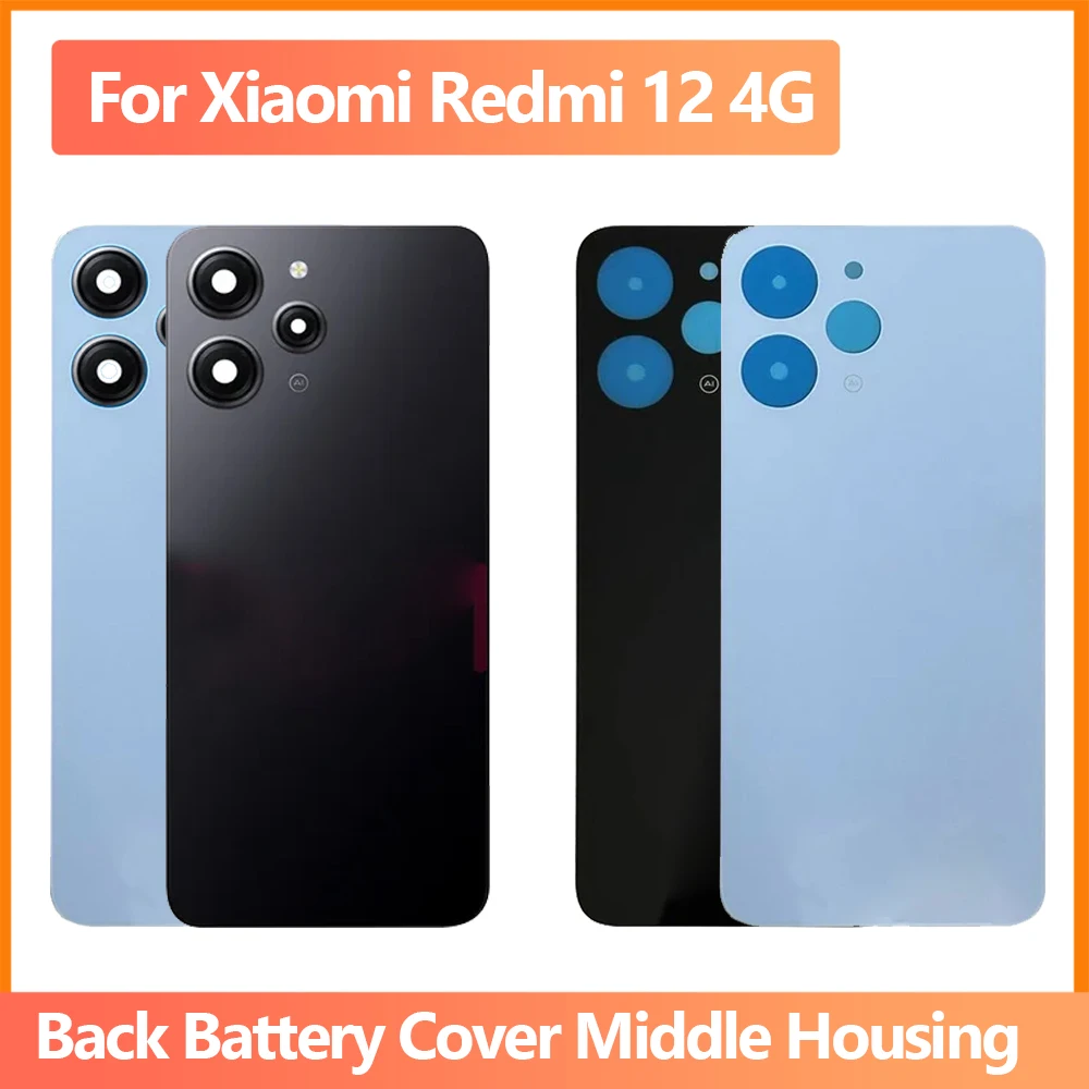 Nieuw Voor Xiaomi Redmi 12 4G Batterij Cover Achterkant Glas Vervanging Achterste Behuizing Midden Frame Voor Redmi 12 23053rn02a Met Lens