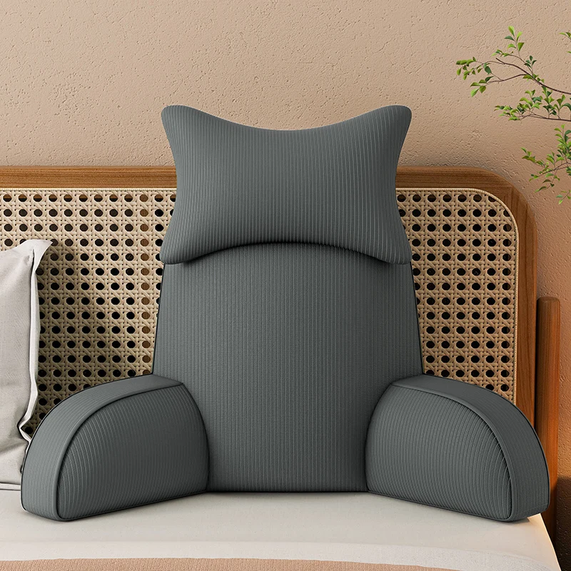 Headboard Pillow Dark Grey Backrest with Arms Adult Reading Pillow Ultra-Comfy Removable Microplush Cover & Detachable Neck Roll