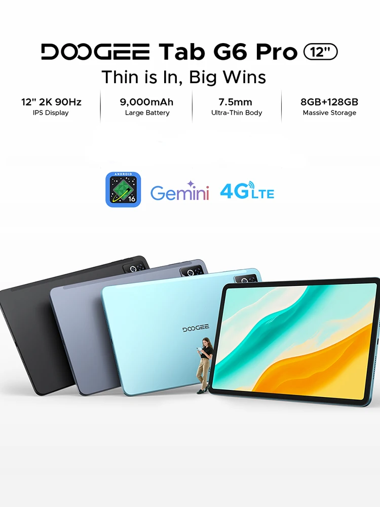 DOOGEE Tab G6 Pro Tablet-PC Android 16 Gemini AI 12'' 2K Display 9000mAh Akku 8GB RAM 128GB ROM Ultra-dünnes Gehäuse Smart Pad