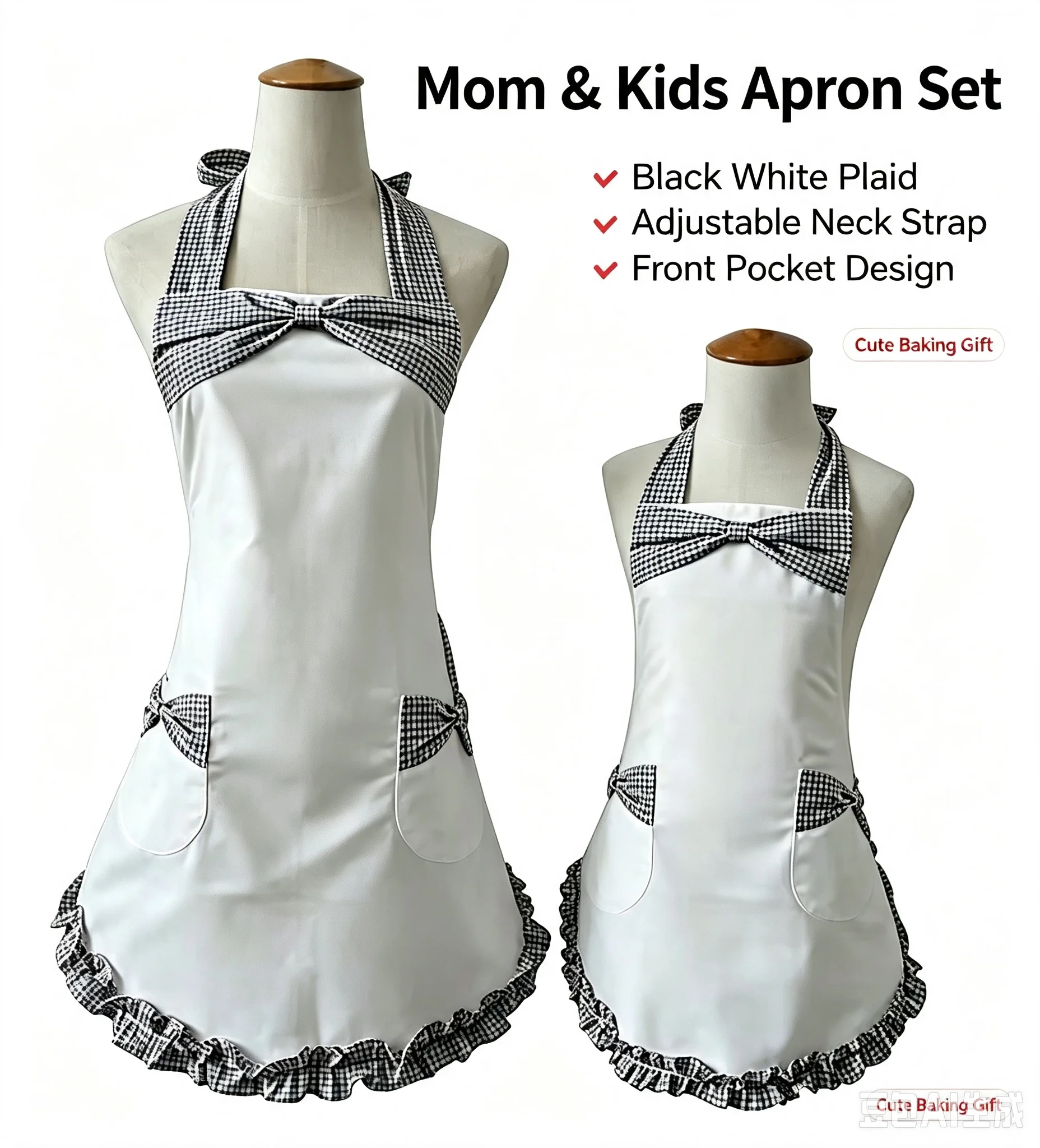 Mother Daughter Matching Apron Set Cotton Black White Gingham Plaid Bow Ruffle Kitchen Aprons 2 Pcs Baking Cooking Apron