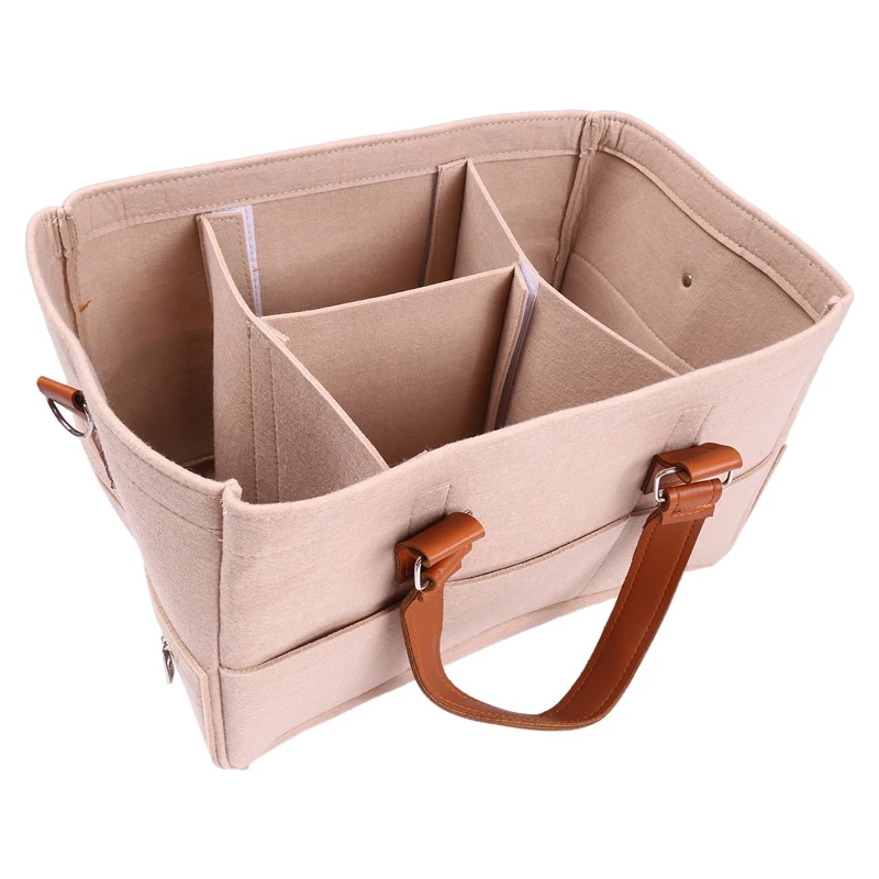 Baby Diaper Caddy Organizer, Eco-Friendly Felt Basket Bag With Customizable Compartments, Leather Handles