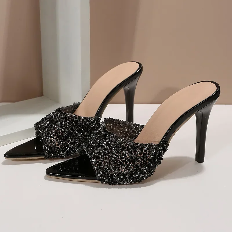 Summer New Pointed Sequined Thin High-heeled Slippers for Women Party Shoes Peep Toe Sandals Outdoor Ladies Casual Slides image 6