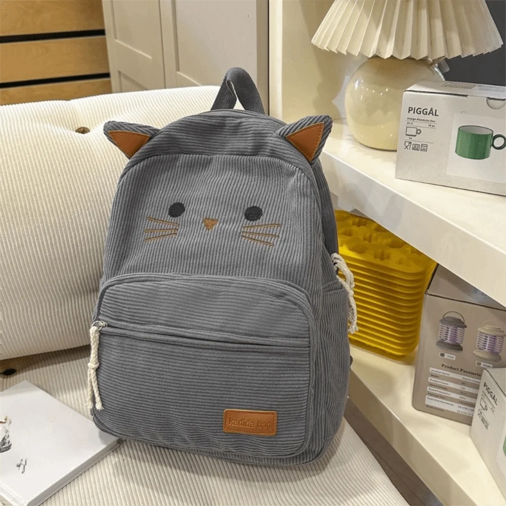 Niedlicher Süßer Cartoon-Katzen-Rucksack, mehrfarbig, minimalistisch, aus Cord, große Kapazität, strapazierfähig, Schultasche für Schüler, Geschenk – Detail 8