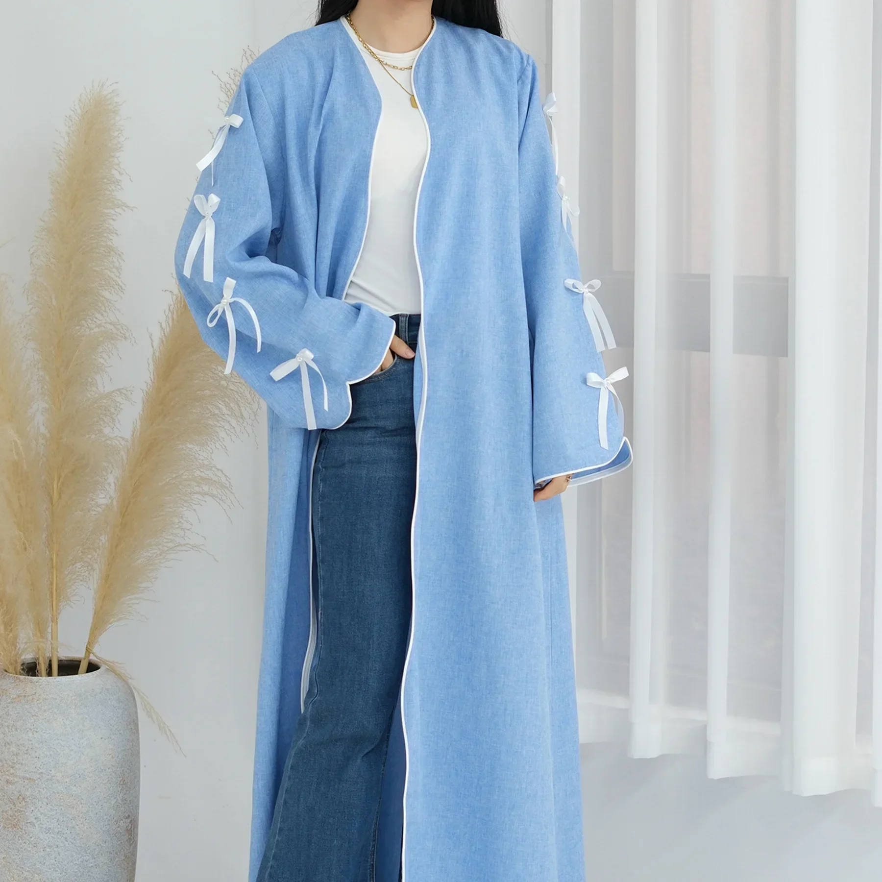 Abaya Kimono ouvert avec nœud pour femmes, Robe de dubaï modeste, turquie, Eid, Ramadan, Kaftan, manteau musulman, vêtements islamiques, Robe arabe Jalabiya
