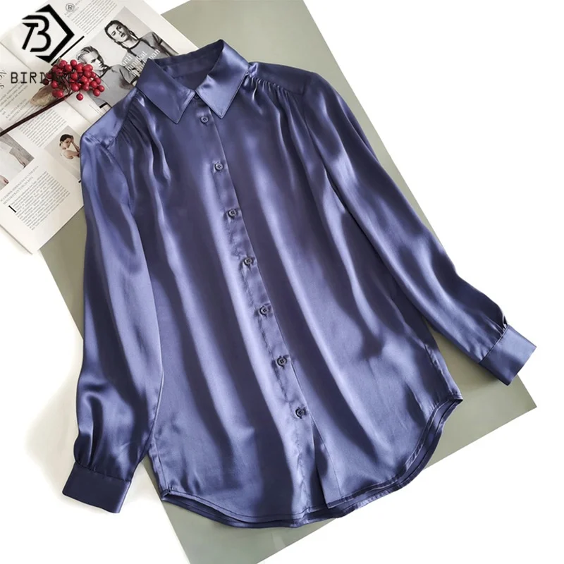 

Birdtree,18MM 100% Silk Solid Blouse,Women Plain Satin Polo Neck Tops,Single Breasted,2025 New Casual Shirt T5D214JF
