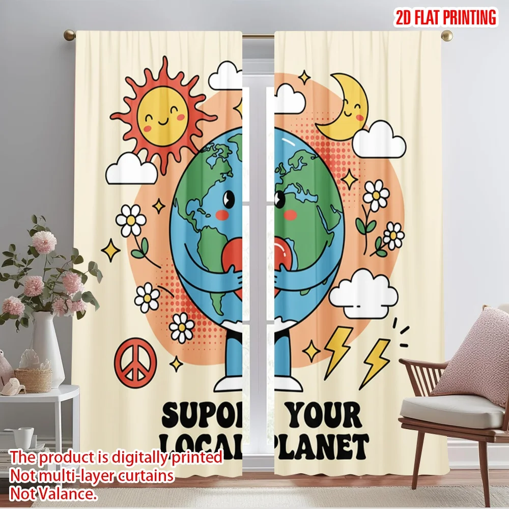 2pcs 2D flat printing Party Curtains Groovy Earth Love Planet Fabric Without Electricity Holiday Decorations Perfect for Bedroom