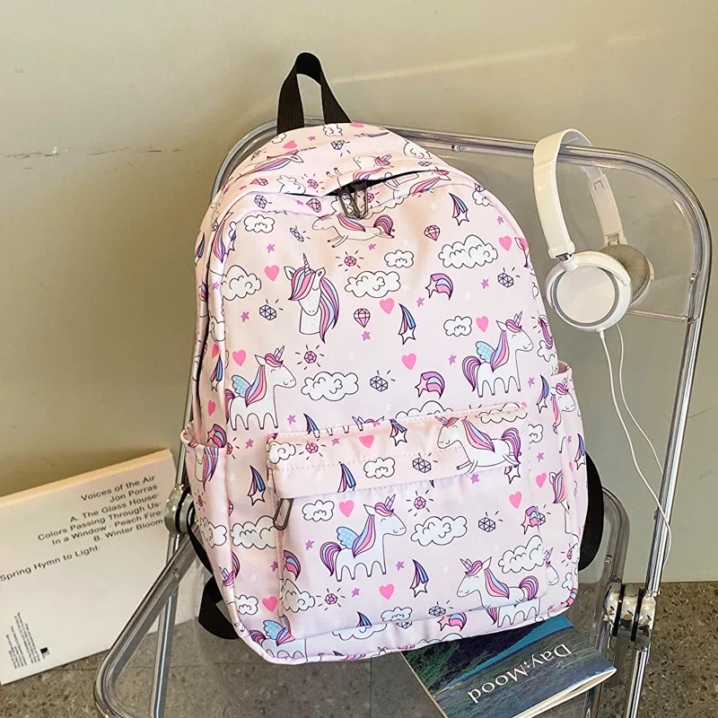 Lightweight Nylon School Backpack Cartoon Pattern Zipper Laptop Compartment Student Campus Bag