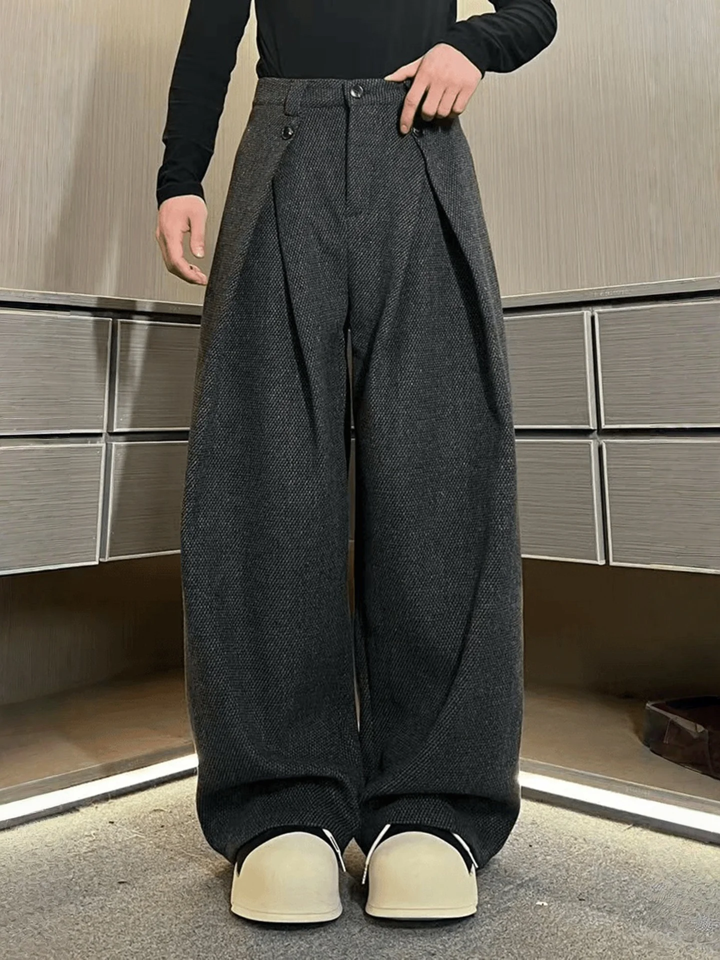 

Утепленные шерстяные мужские повседневные брюки на осень-зиму, прямые широкие брюки с отворотами, с завышенной талией, для отдыха и повседневной носки