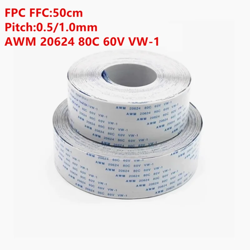 0.5/1.0mm Pitch 500mm 50cm FPC FFC Flexible Flat Cable AWM 20624 80C 60V VW-1 Ribbon Wire 4/6/8/10/12/14/16/20/26/30/40/50/60Pin