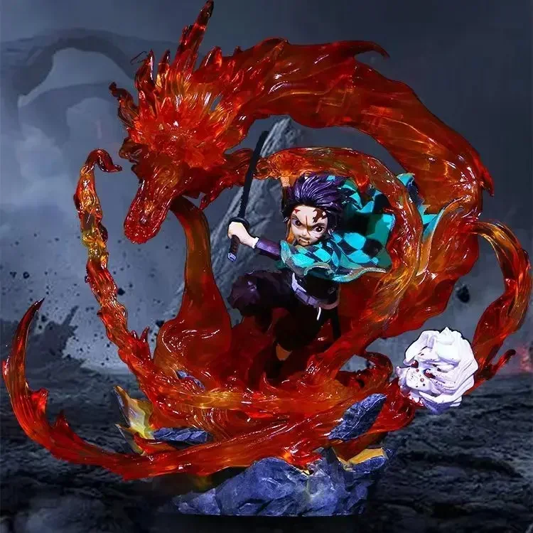 30cm Demon Slayer Anime Figure Kamado Tanjirou Figurine Fire Dragon Fighting Stance luminous Model Collection Christmas Gift Toy