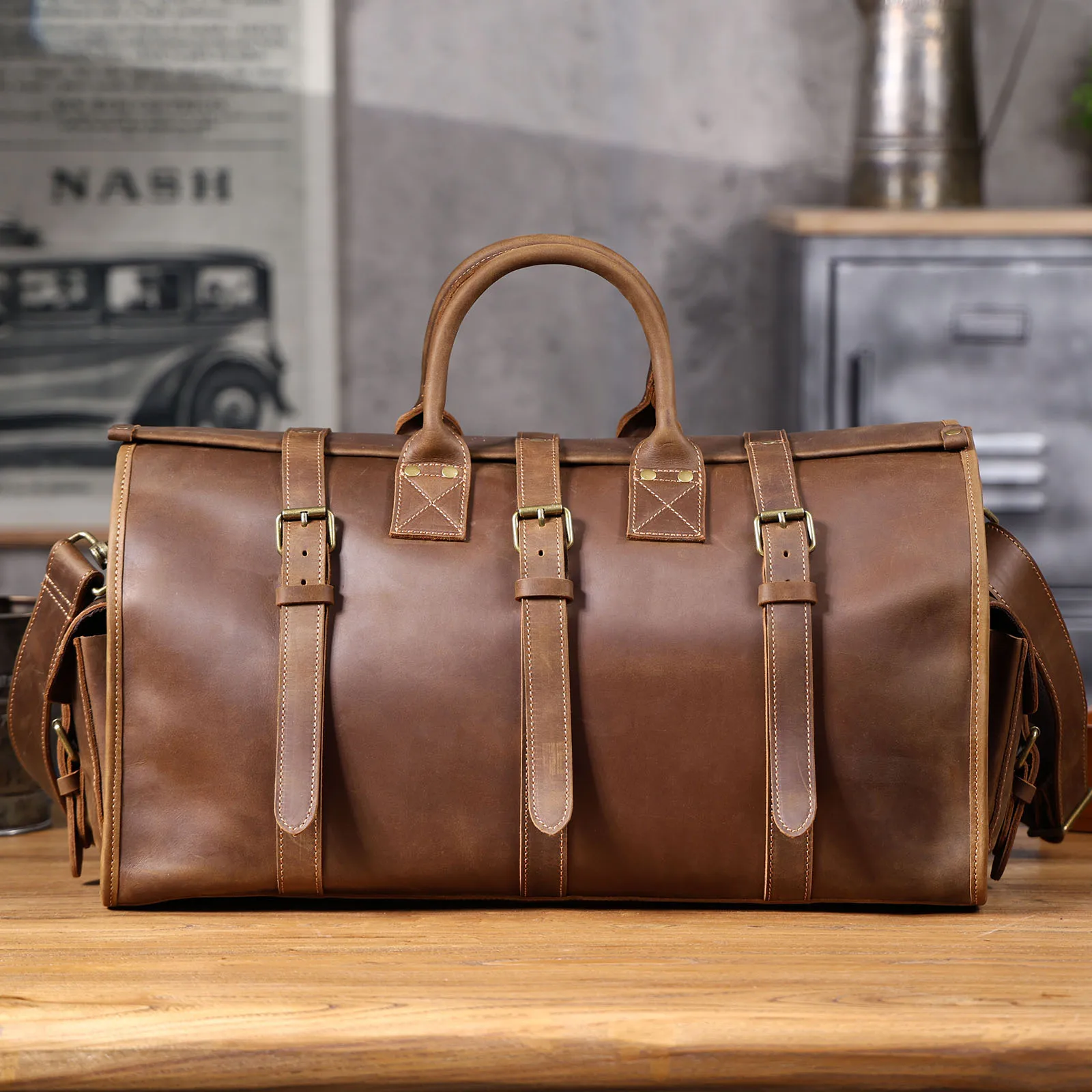 Vintage Echtleder-Reisetasche für Herren, Große Kapazität, Leder-Sporttasche, Klassischer Stil, Wochenendtasche, Übernachtungstasche – Detail 19