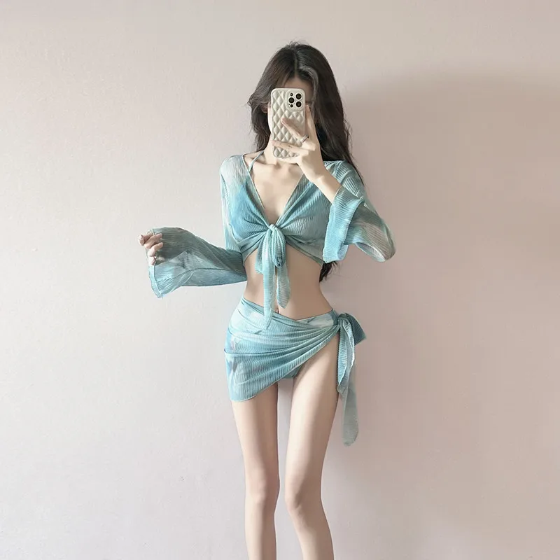 Women Two Piece Swimsuit Set Sexy Push Up Bikini with Sheer Cover Up Top Korean Style Beachwear Bathing Suit for Female Holiday - view 5