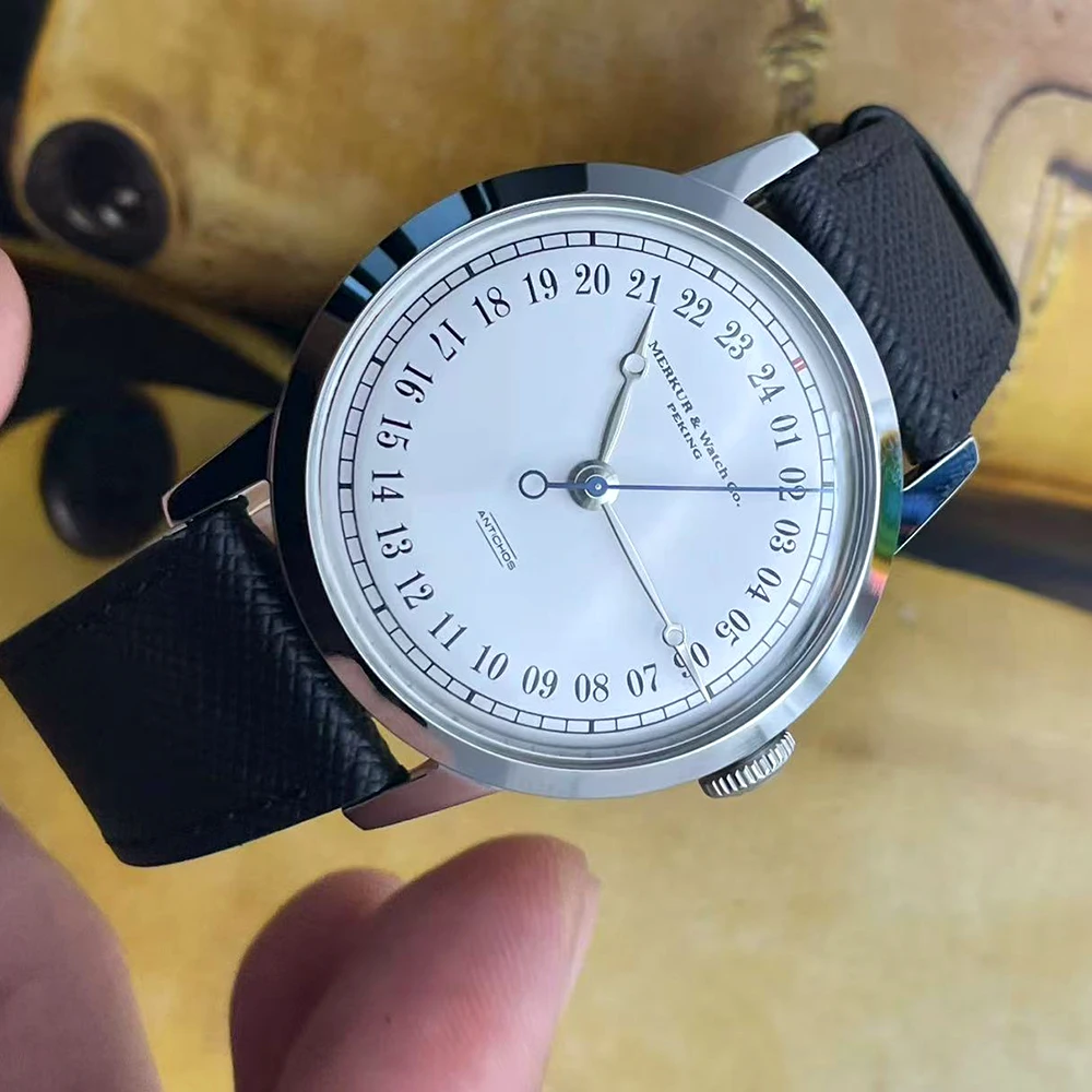 MERKUR ساعة مزدوجة بيضاء 24H حافظة أرق 50 متر ساعة غواص الجلد خمر ساعة ميكانيكية أوتوماتيكية 38 مللي متر Relogio Masculino