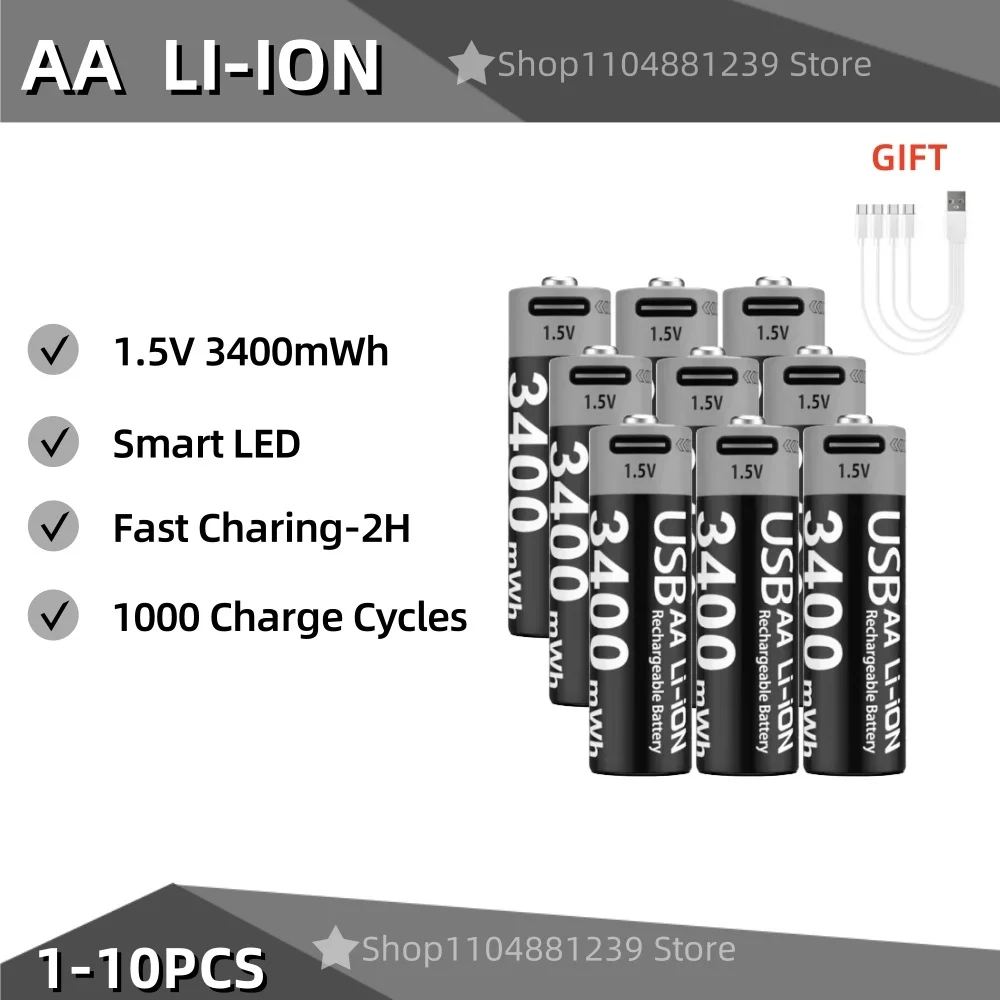 

1-10pcs Rechargeable AA Battery 3400mAh USB Type-C 1.5V Lithium Battery for Hunting Camera Remote Control Mouse Door Lock