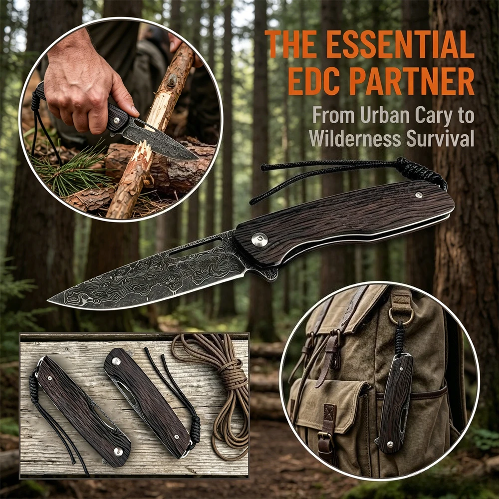 

Outdoor Camping Fishing Cutting Tool Pocket Knife Damascus Steel Folding Blade Classic Rosewood Handle for Fruit Processing