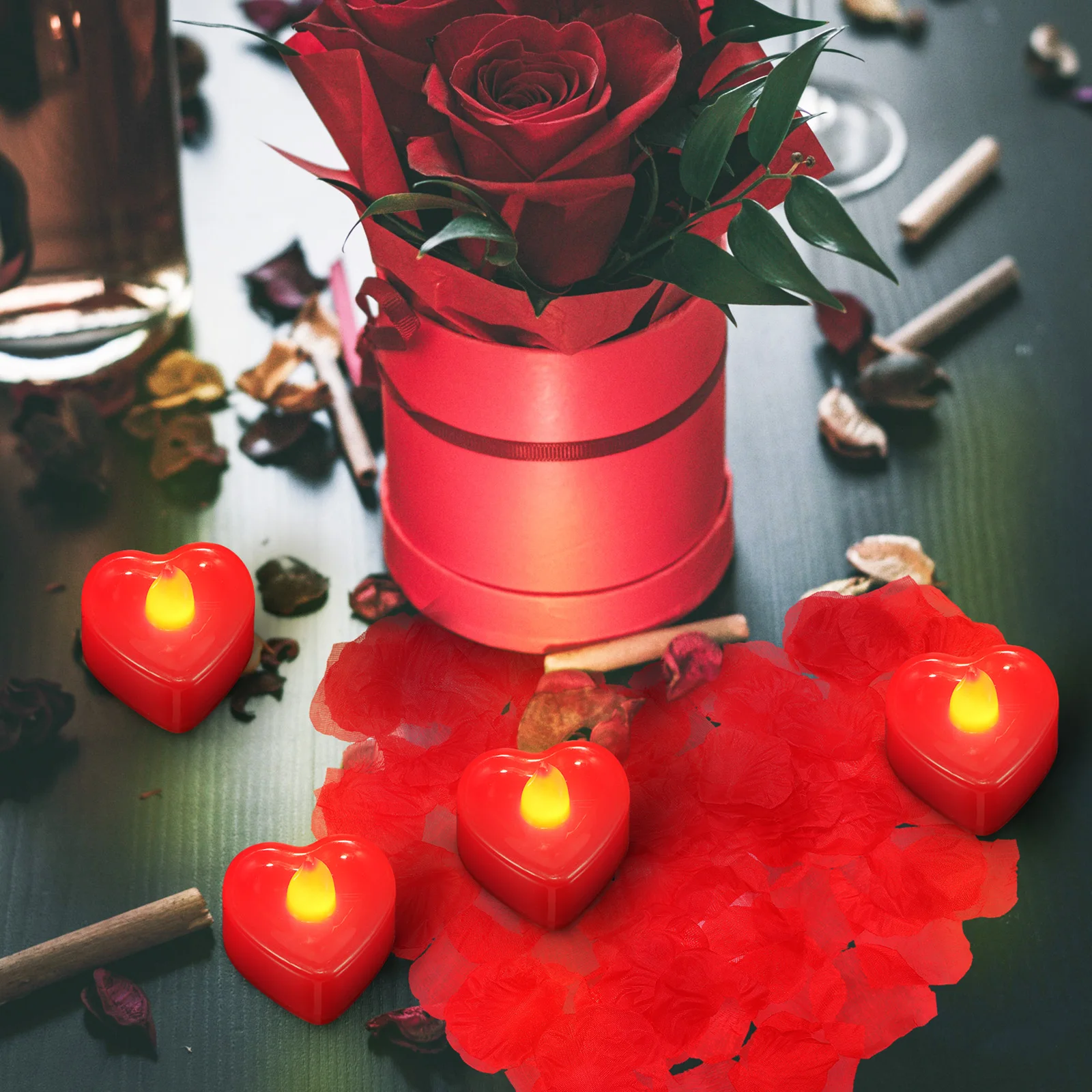 1 Juego de velas LED con forma de corazón, conjunto de decoración romántica, propuesta del Día de San Valentín, pétalos de rosa, decoración romántica para aniversario de boda
