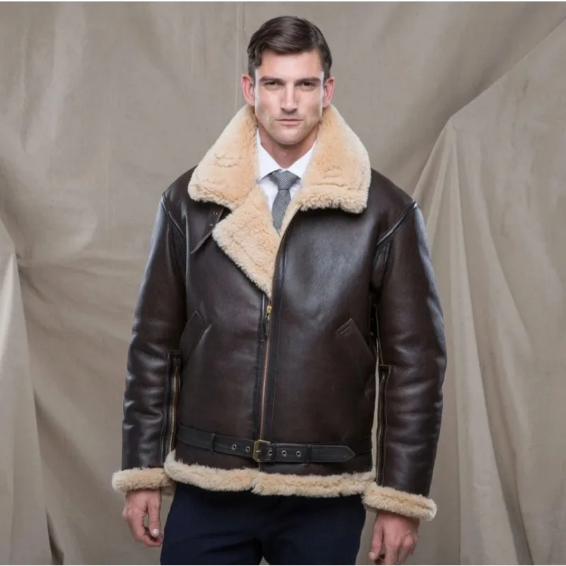 2024 Winter Bomber Leather Jacket Men Sheep Shearling Lambskin Warm Jackets Parka Pilot Men's Natural Sheepskin Fur Coat New