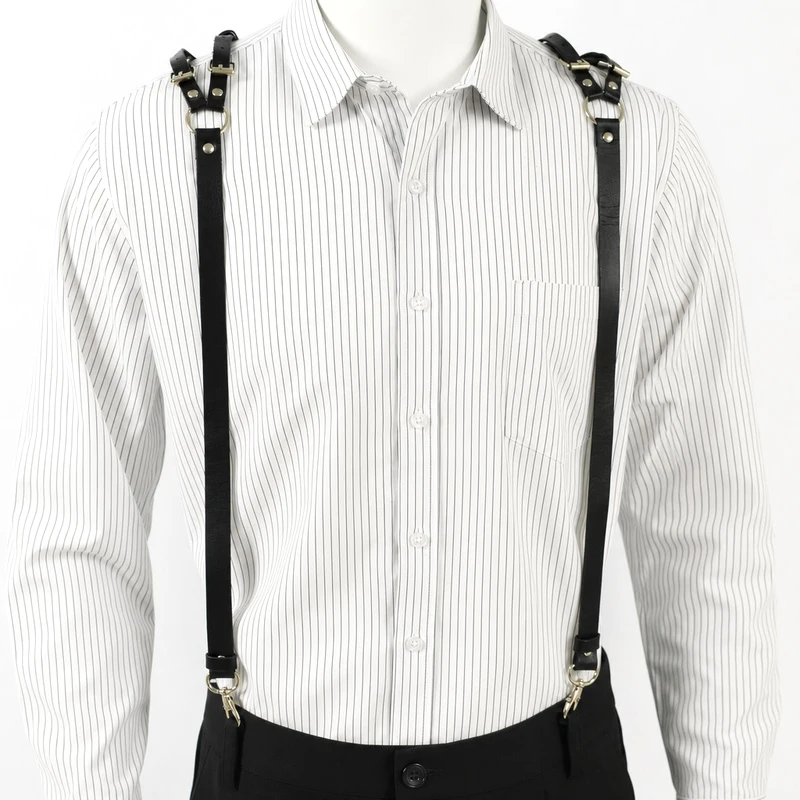 Deepeel Adult Men Suspenders Goth Faux Leather 3 Clips Hook Adjust Strap Braces for Male Jeans Punk Party Harness Belt Jockstrap