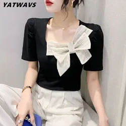 New 2024 Summer European Clothes Women Cotton T-Shirt Chic Sexy Square Collar Bow Tees Tops Fashion Casual Short Sleeved Gir Tee